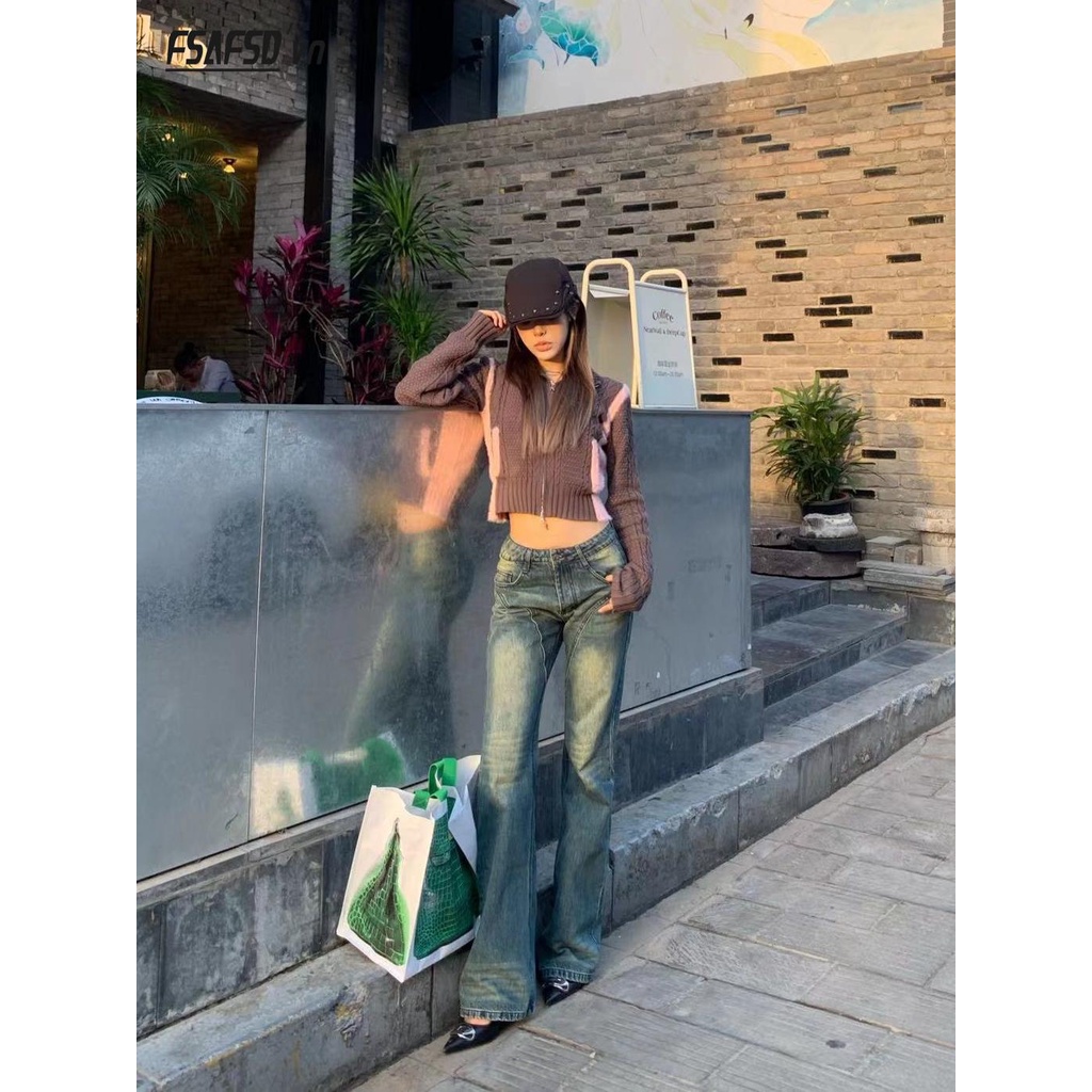 Quần Jean Dài Lưng Thấp Dáng Ôm Màu Xanh Bùn Phong Cách Retro Thời Trang Cho Nữ