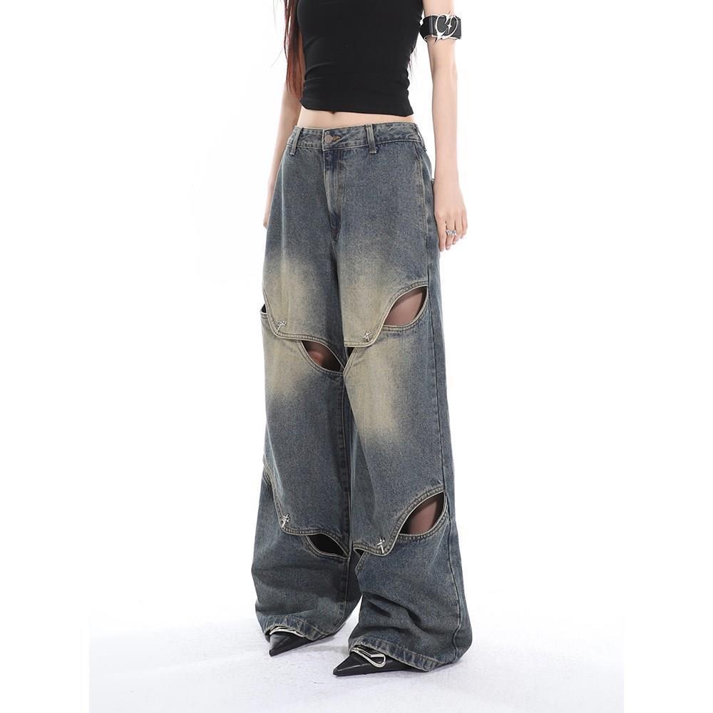 Quần Jeans Lưng Cao Phối Rách Phong Cách Retro Cho Nữ