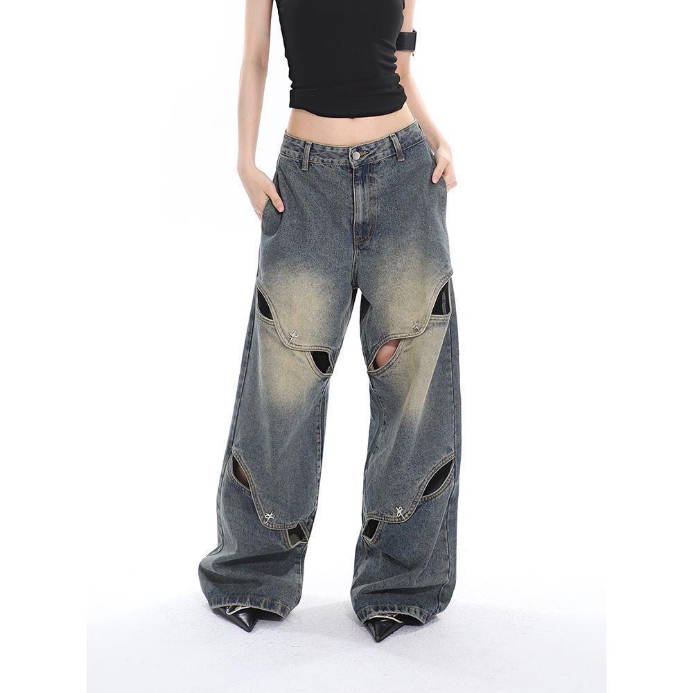 Quần Jeans Lưng Cao Phối Rách Phong Cách Retro Cho Nữ