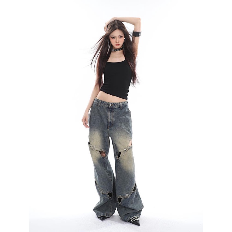 Quần Jeans Lưng Cao Phối Rách Phong Cách Retro Cho Nữ