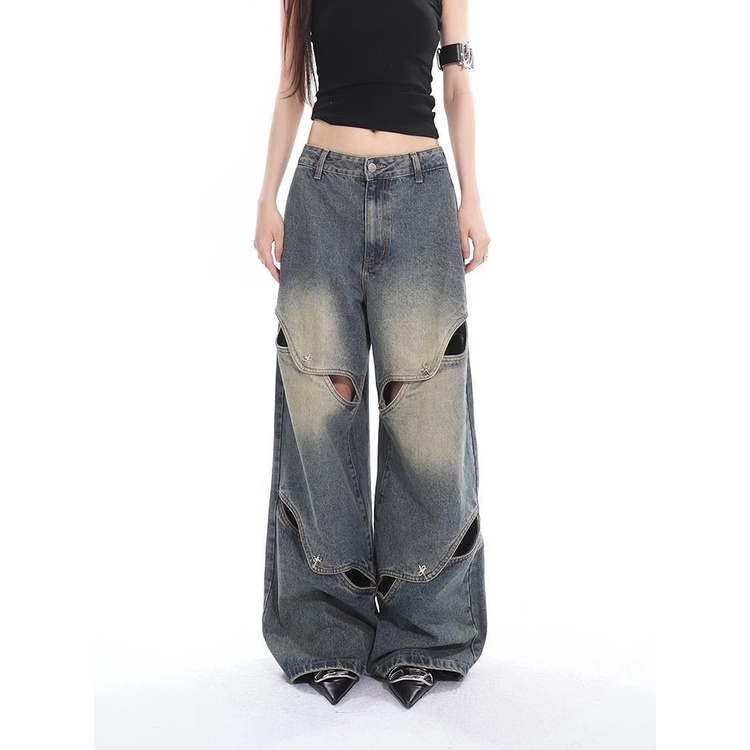 Quần Jeans Lưng Cao Phối Rách Phong Cách Retro Cho Nữ