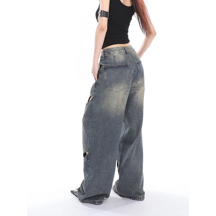 Quần Jeans Lưng Cao Phối Rách Phong Cách Retro Cho Nữ