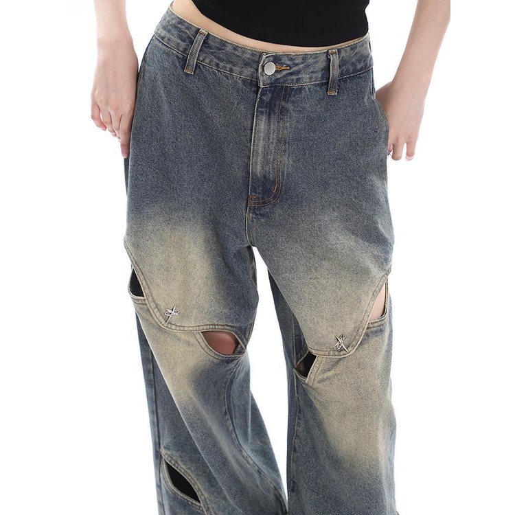 Quần Jeans Lưng Cao Phối Rách Phong Cách Retro Cho Nữ