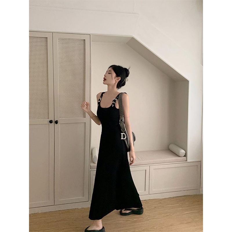 Đầm Hai Dây Dáng Chữ a Dài Xẻ Tà Màu Đen Thời Trang Mùa Hè Cho Nữ
