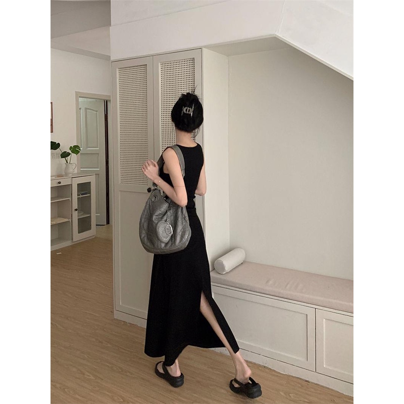 Đầm Hai Dây Dáng Chữ a Dài Xẻ Tà Màu Đen Thời Trang Mùa Hè Cho Nữ