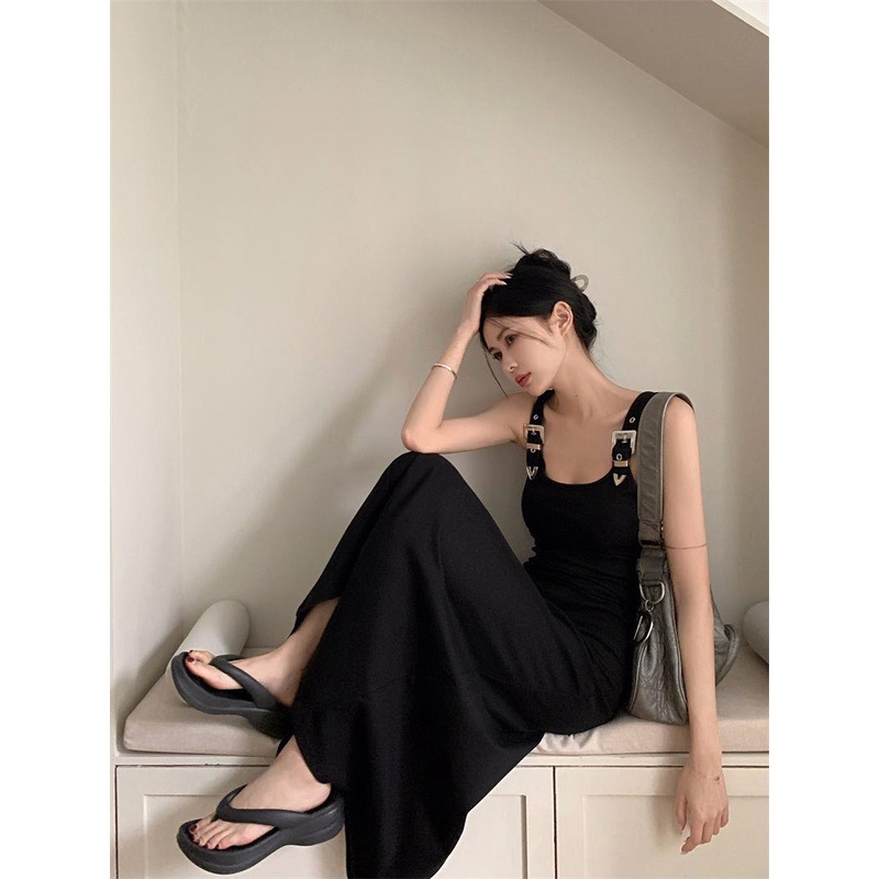Đầm Hai Dây Dáng Chữ a Dài Xẻ Tà Màu Đen Thời Trang Mùa Hè Cho Nữ