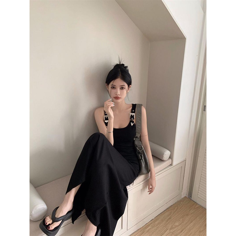 Đầm Hai Dây Dáng Chữ a Dài Xẻ Tà Màu Đen Thời Trang Mùa Hè Cho Nữ