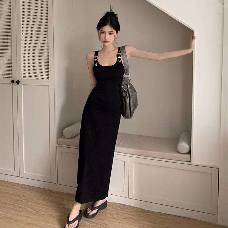 Đầm Hai Dây Dáng Chữ a Dài Xẻ Tà Màu Đen Thời Trang Mùa Hè Cho Nữ