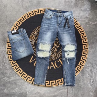 Quần jean bò Nam rách gối vá vải nhăn phối khoá ống slimfit