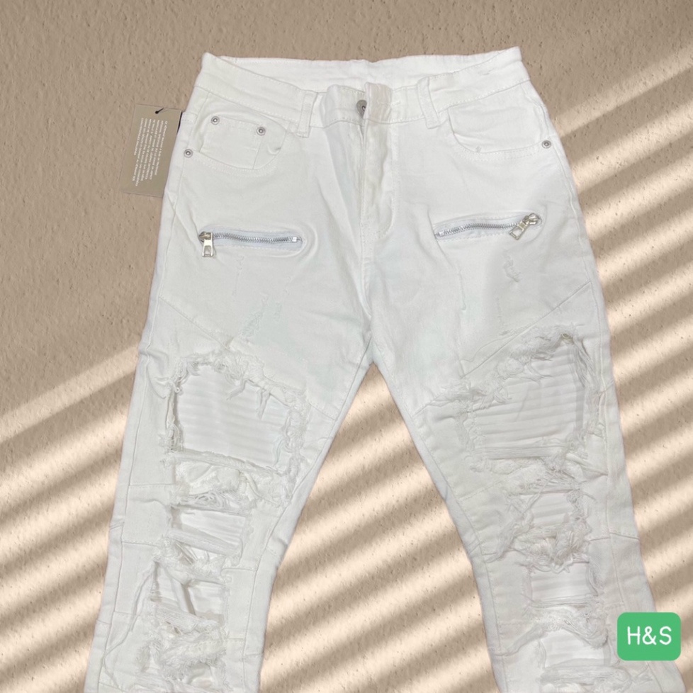 Quần Jean Xanh Nam Phối Đùi Vải Nhăn Khoá Zip