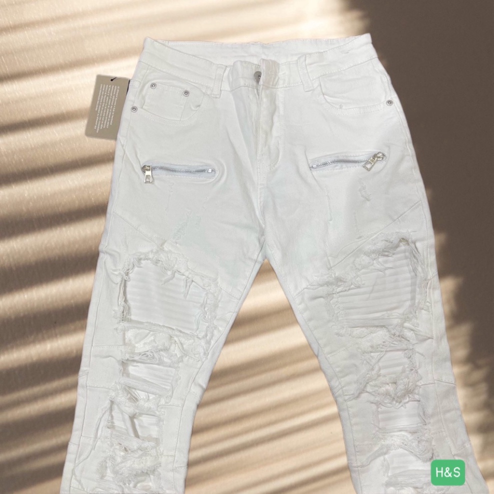 Quần Jean Xanh Nam Phối Đùi Vải Nhăn Khoá Zip