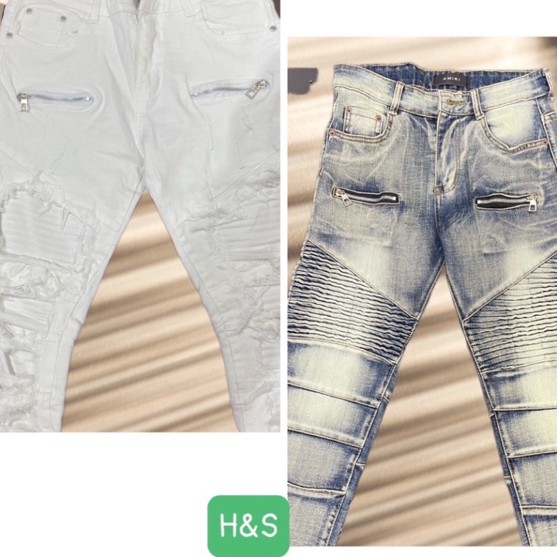 Quần Jean Xanh Nam Phối Đùi Vải Nhăn Khoá Zip