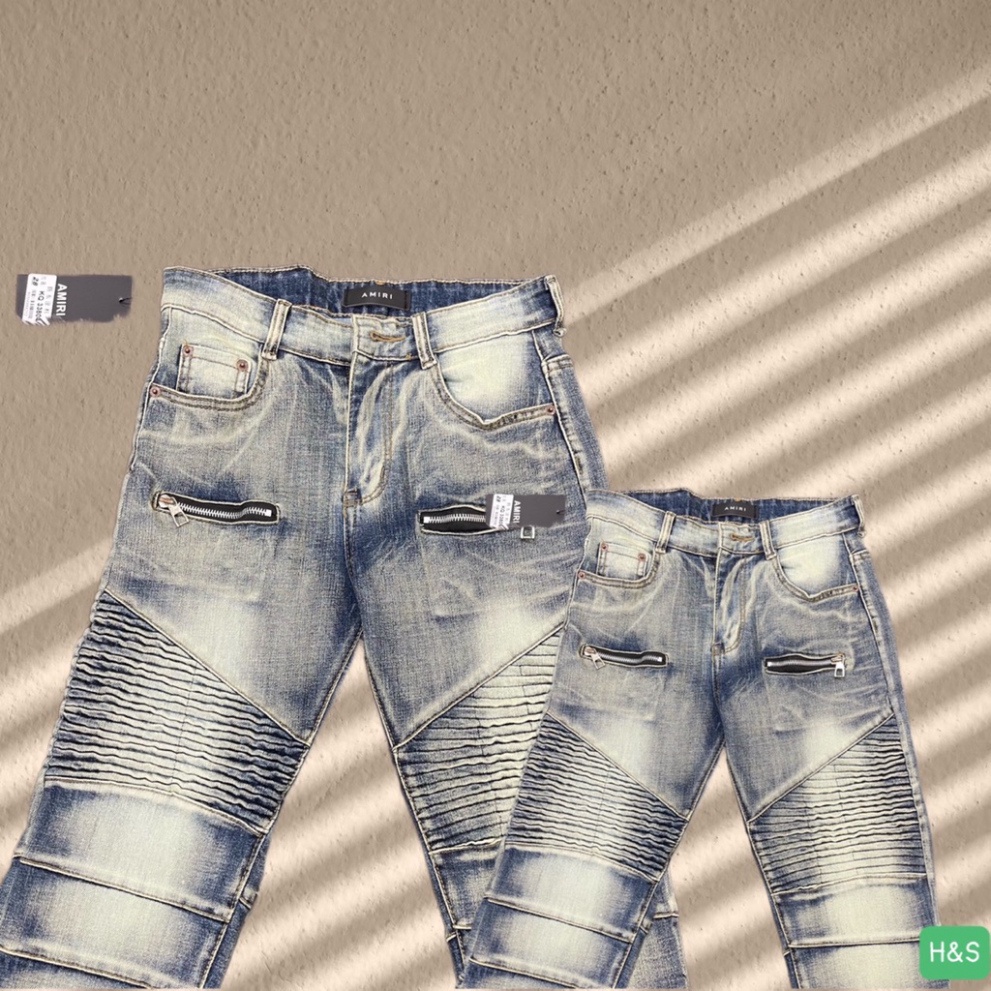 Quần Jean Xanh Nam Phối Đùi Vải Nhăn Khoá Zip