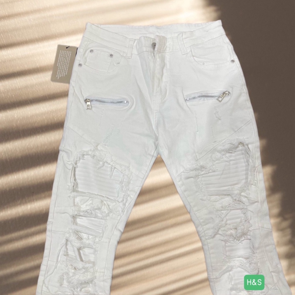 Quần Jean Xanh Nam Phối Đùi Vải Nhăn Khoá Zip