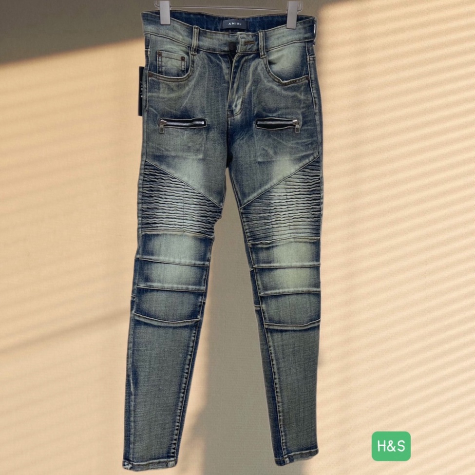 Quần Jean Xanh Nam Phối Đùi Vải Nhăn Khoá Zip