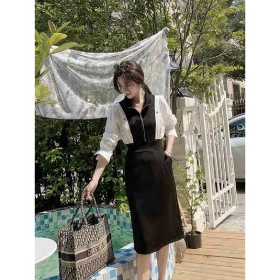 Hàng nhập - Đầm dáng ôm thun phối xô lụa hở vai, váy ôm suông nhẹ phối màu trắng đen mặc 2 kiểu [NNQB19723]