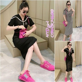 Hàng nhập - Đầm dáng ôm thun mát lạnh vai phối viền, váy body dạo phố cổ khóa kéo đính logo [NNQB19723]