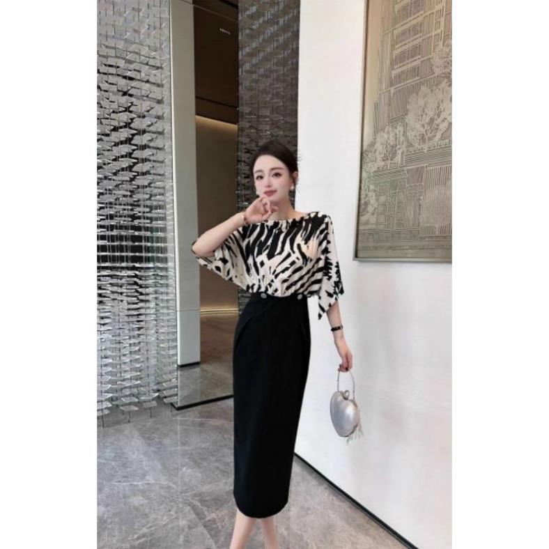 Hàng nhập - Đầm dáng ôm thun phối lụa tay cánh dơi cổ thuyền, váy body dự tiệc đính nút sang trọng [NNQB19723]