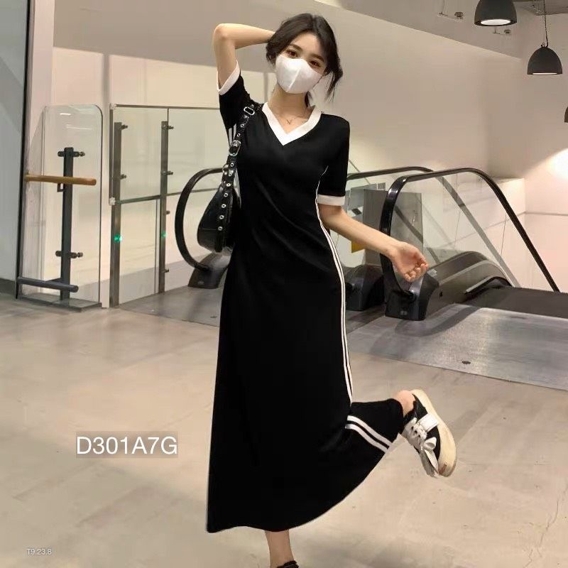 Váy Body Nữ Cổ Tim Dáng Dài Phối Sọc Hai Bên ,Đầm Maxi Ôm Body Co Dãn Cho Nữ Đi Làm Đi Tiệc Đi Chơi