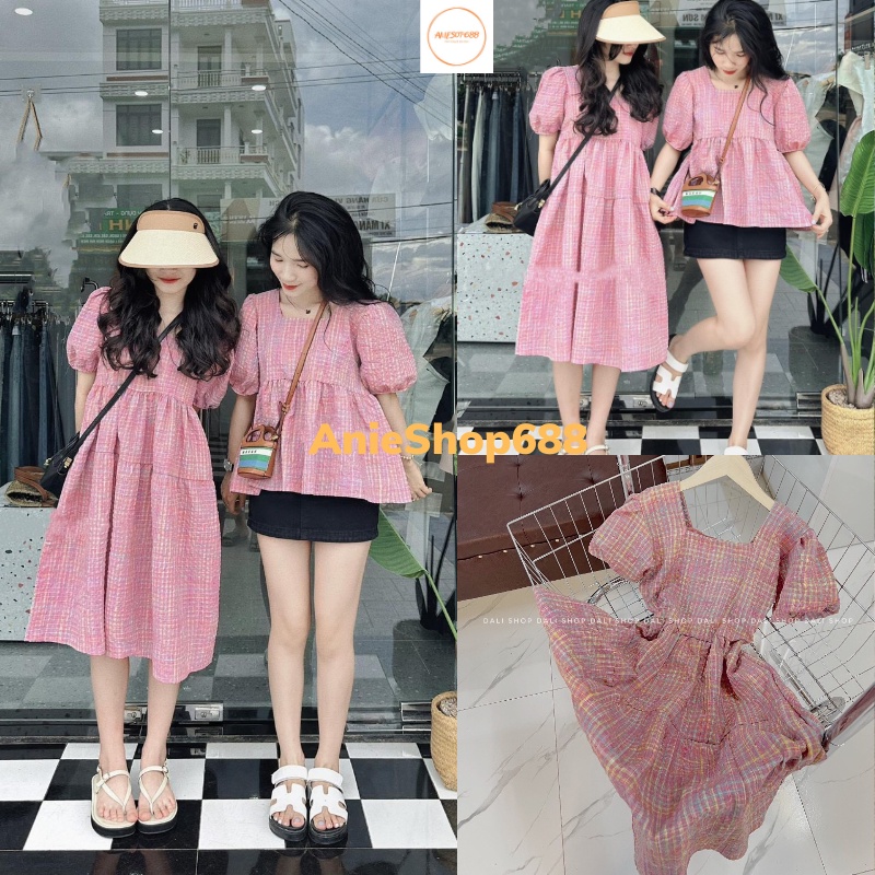 Sét áo váy babydoll kẻ hồng chất đũi xốp mềm ,áo babydoll nữ ,bộ váy áo đôi bạn thân ULZZANG hàn quốc ANIESHOP688