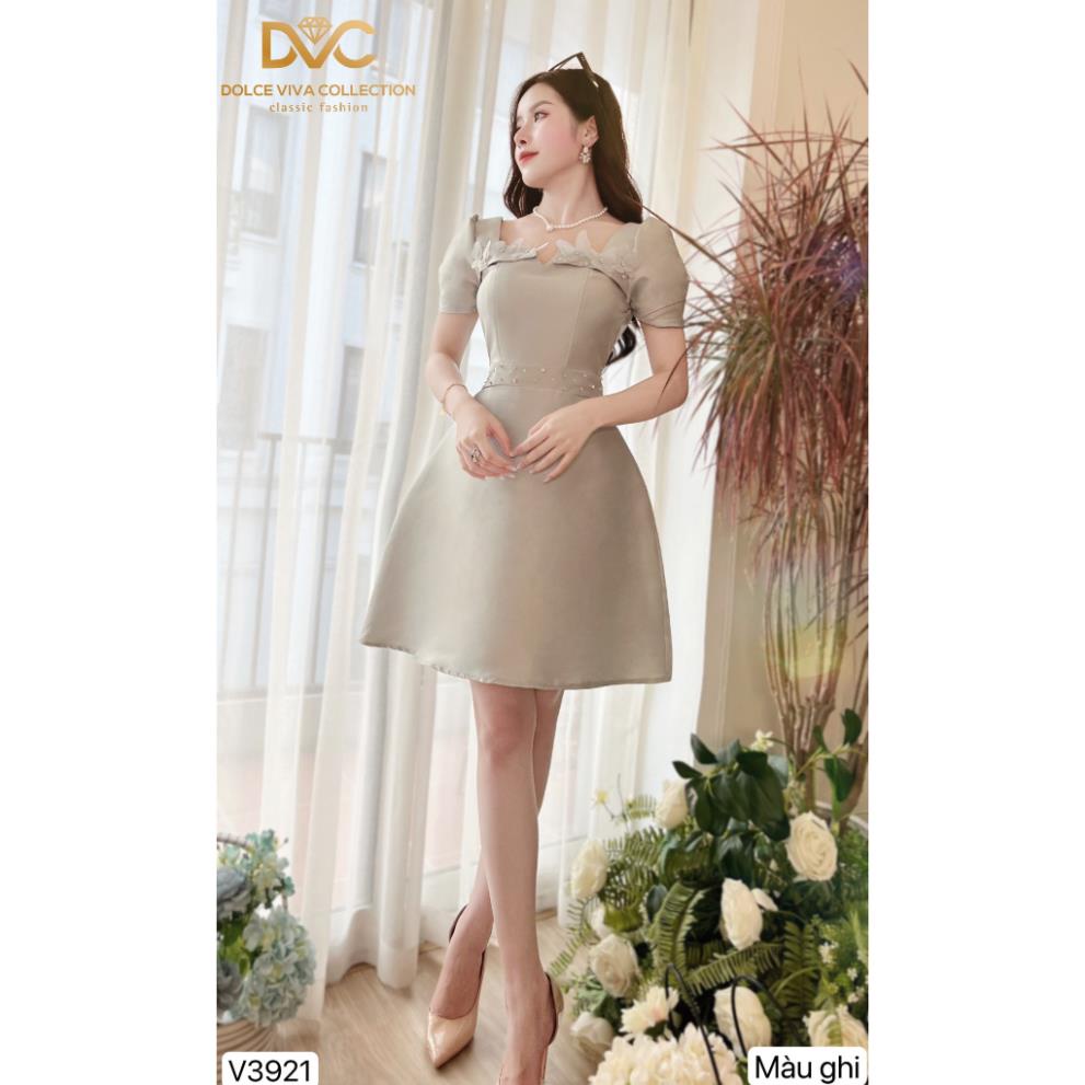 (có hàng sẵn) VÁY ĐI TIỆC, VÁY NỮ TAFTA GHI XANH CỔ VUÔNG ĐÍNH HOA ĐÁ NỔI V3921 - DVC