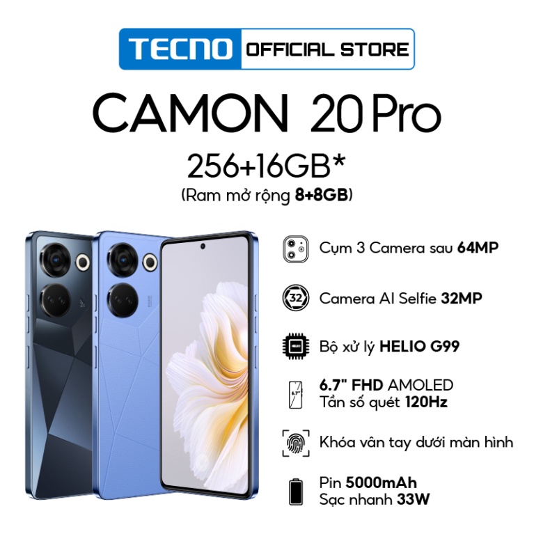 Điện thoại thông minh Tecno CAMON 20 Pro 8GB/256GB - Camera 64MP + 32MP | Helio G99 5000 mAh/ 33W | 6.7'' FHD AMOLED