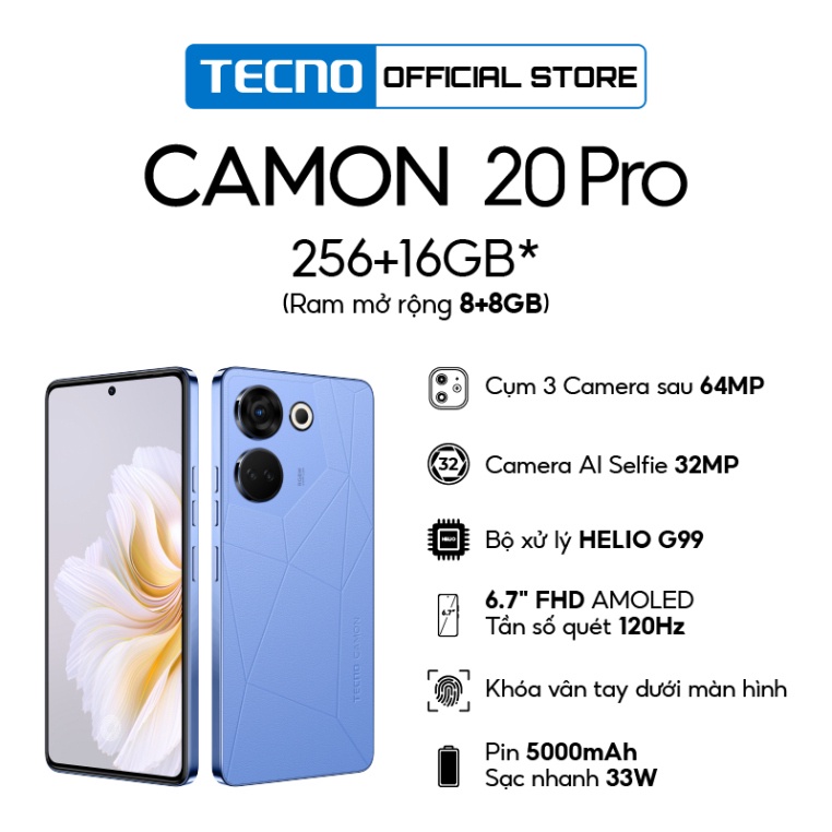 Điện thoại thông minh Tecno CAMON 20 Pro 8GB/256GB - Camera 64MP + 32MP | Helio G99 5000 mAh/ 33W | 6.7'' FHD AMOLED