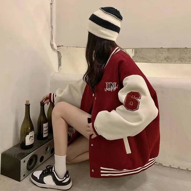 Jiashucheng Áo Khoác Bóng Chày Lót Lông Cừu Dáng Rộng In Họa Tiết Kiểu Retro Mỹ Thời Trang Thu Đông Cho Học Sinh