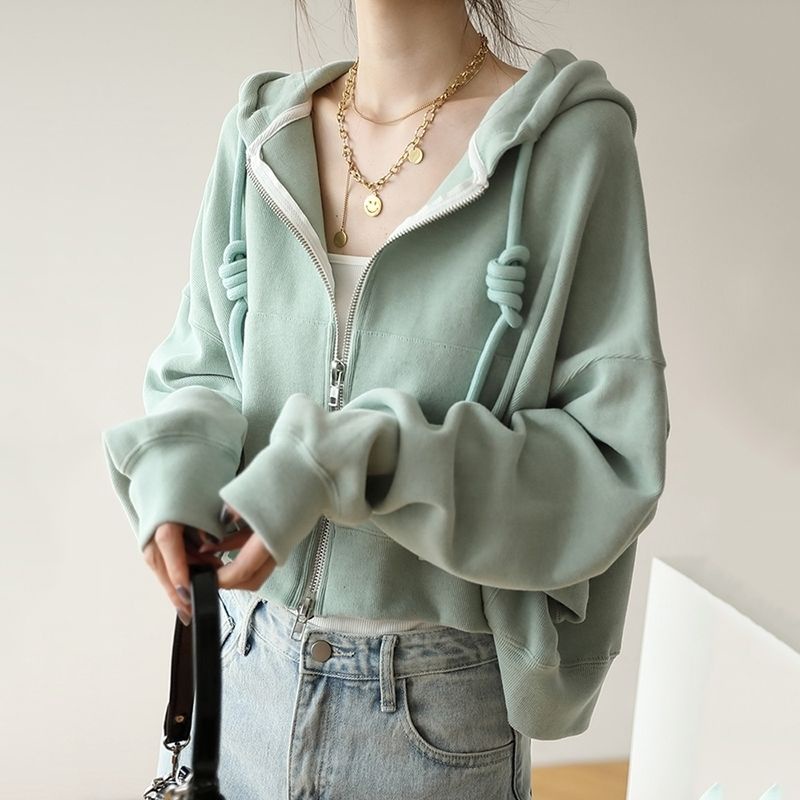Jiashucheng Áo Khoác Cardigan Có Nón Dáng Rộng Ngắn Phong Cách Hàn Quốc Thời Trang Xuân Thu Cho Nữ
