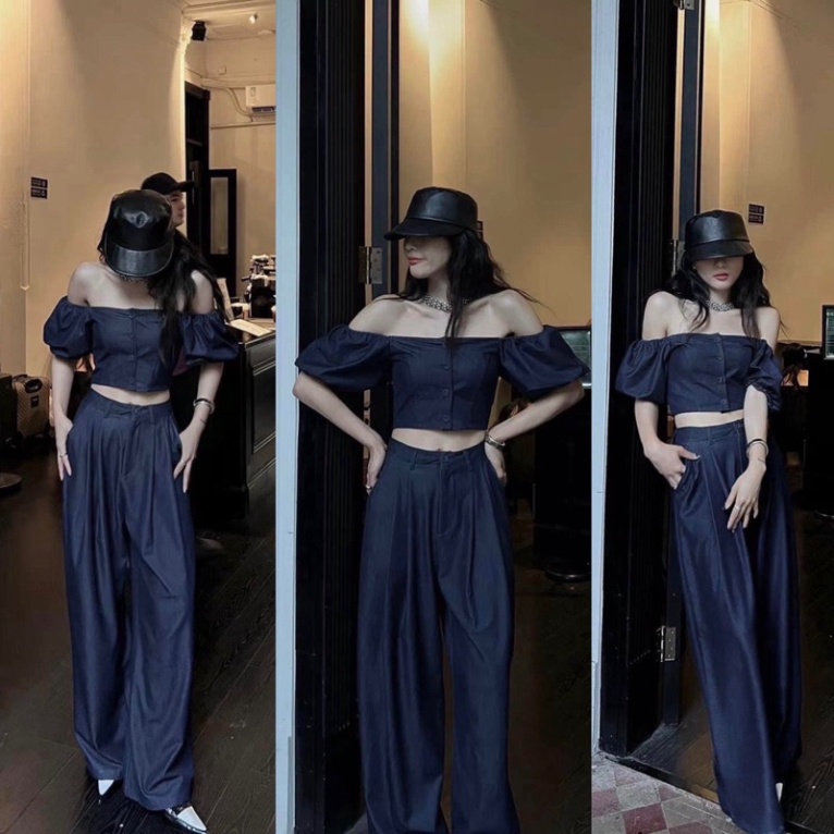 Set Bò Demin Áo Croptop Tay Bồng Mix quần jeans ống loe tính cách Có Ảnh Thật