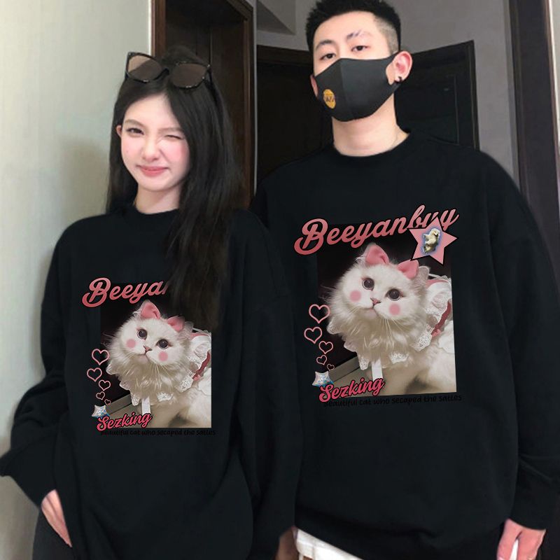 ihkke Áo Khoác Nỉ Cổ Tròn Màu Đen 100% cotton In Hình Mèo Dễ Thương Thời Trang Hàn Quốc Cho Cặp Đôi