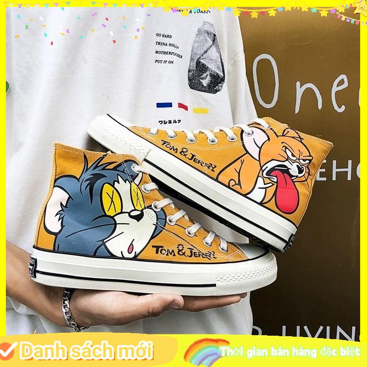 Giày Vải Canvas Cổ Cao Họa Tiết Mèo Chuột Graffiti Vẽ Tay Thời Trang Cho Nữ