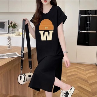 Đầm Thun Cotton Dáng Dài Qua Gối Tay Ngắn Dáng Rộng Xẻ Tà Thời Trang Mùa Hè Cho Nữ