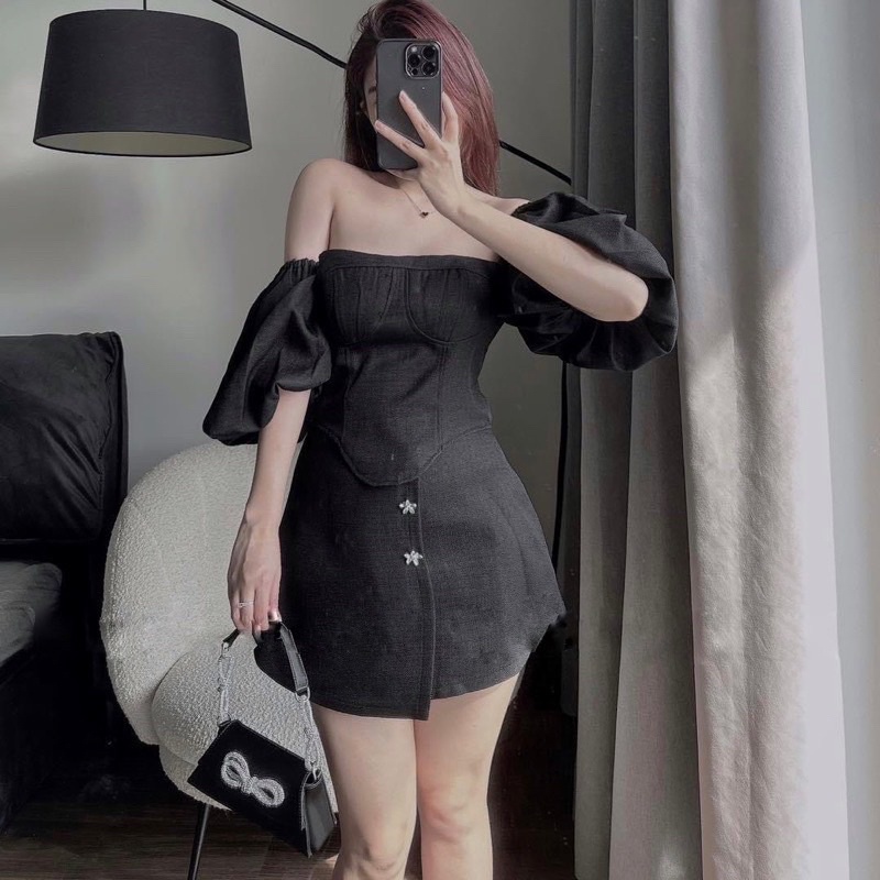 SET ÁO CROPTOP TAY BÔNG CHÂN VÁY ĐÍNH TAG HOA BIGSIZE TỪ 50-100kg