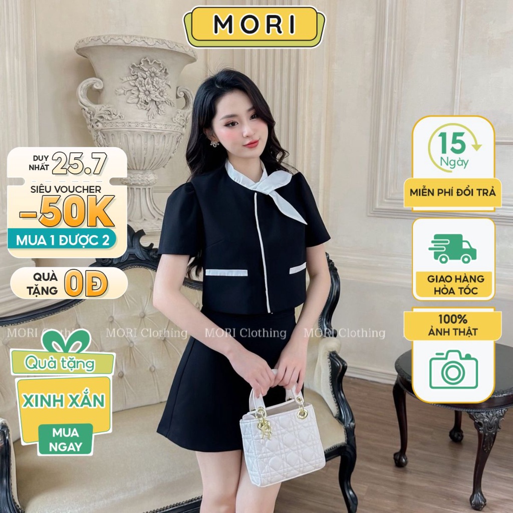 Set thiết kế đầm nữ cổ nơ chất liệu tuyết mưa thanh lịch phong cách tiểu thư đi làm đi chơi thời trang MORI CLOTHINGS927