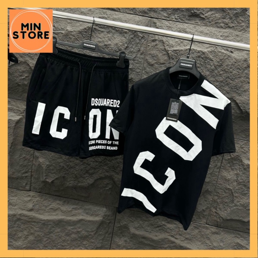 * Bộ Đồ Nam Cộc Tay Mặc Hè Dsq2 In Chữ ICON Chéo Áo Ngang Quần Đen Trắng Vải Cotton Phong Cách Boy Phố Hot 2023 *