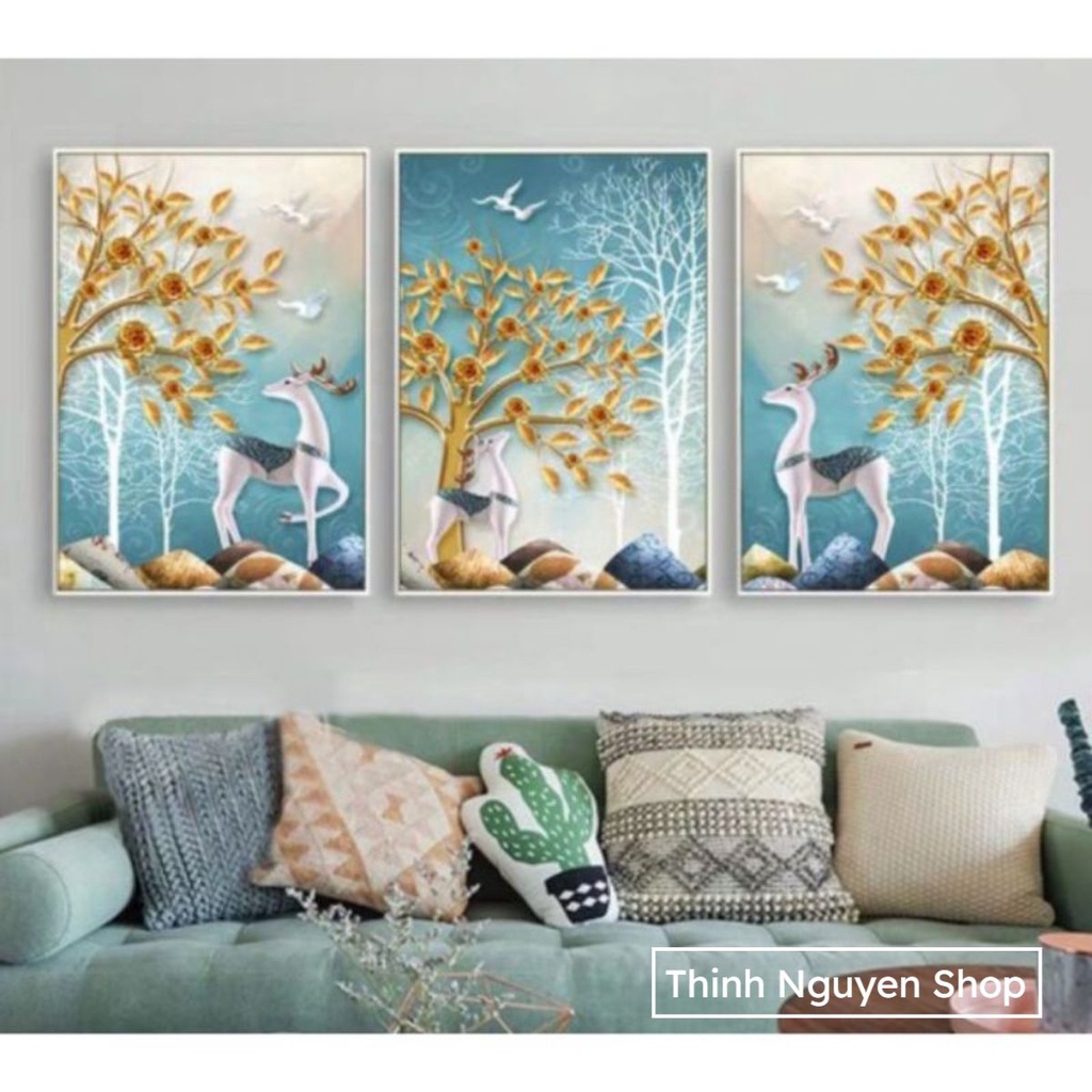 Tranh thêu kín chữ thập Bộ 3 bức tranh Hươu Tài Lộc MN0145(166x80cm)