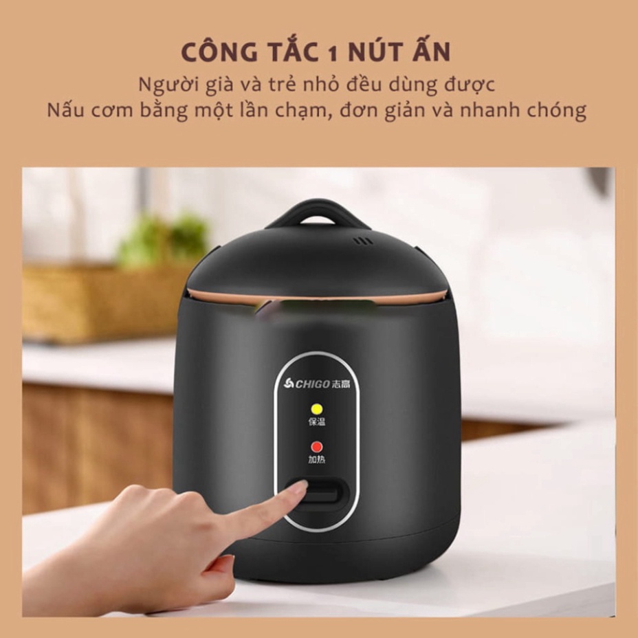 Nồi cơm điện mini đa năng Chigo dung tích 1.2L công suất 600w nấu cháo súp hầm, thiết kế chống dính an toàn cho sức khỏe