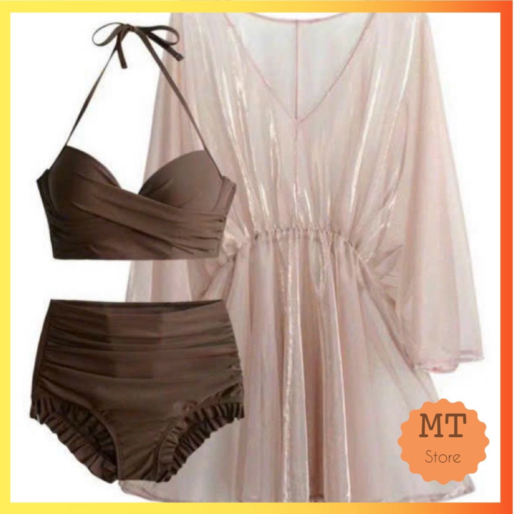 Đồ bơi nữ tay dài kín đáo trẻ trung, Bikini đi biển quần đùi, bikini 2 mảnh buộc dây có áo choàng ngoài