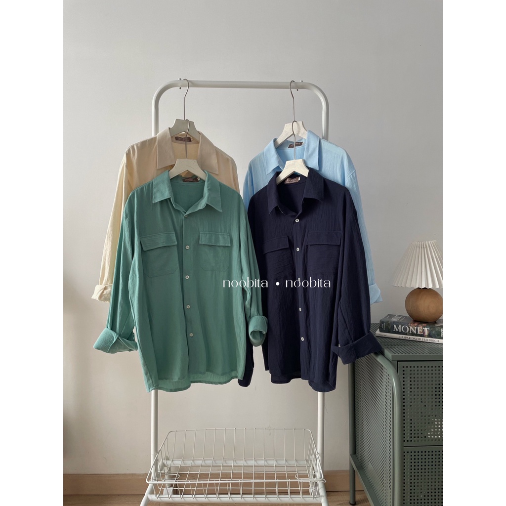 NOOBITA - Sơ mi tay dài mùa hè 2 túi nắp vải cotton thoáng mát 8006