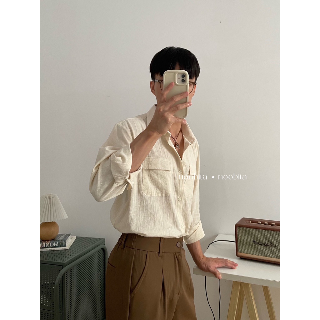 NOOBITA - Sơ mi tay dài mùa hè 2 túi nắp vải cotton thoáng mát 8006