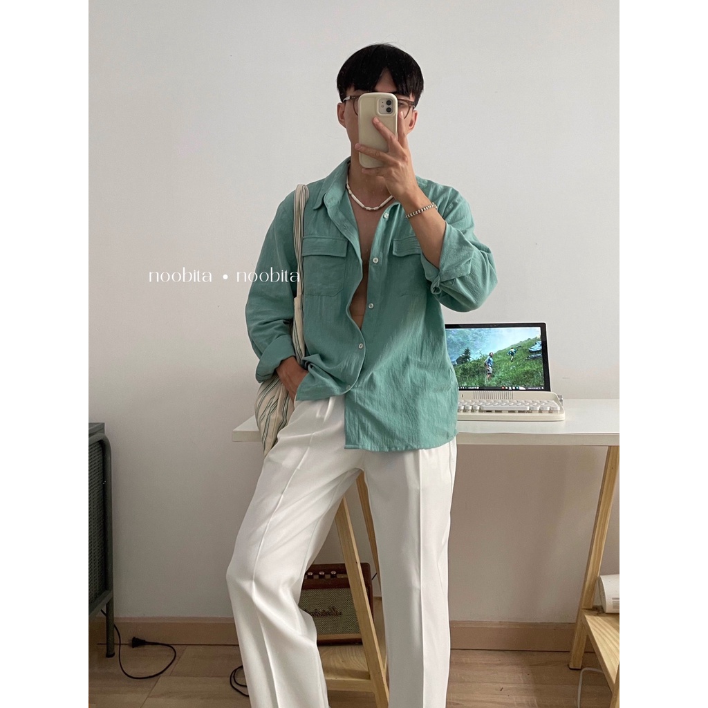 NOOBITA - Sơ mi tay dài mùa hè 2 túi nắp vải cotton thoáng mát 8006