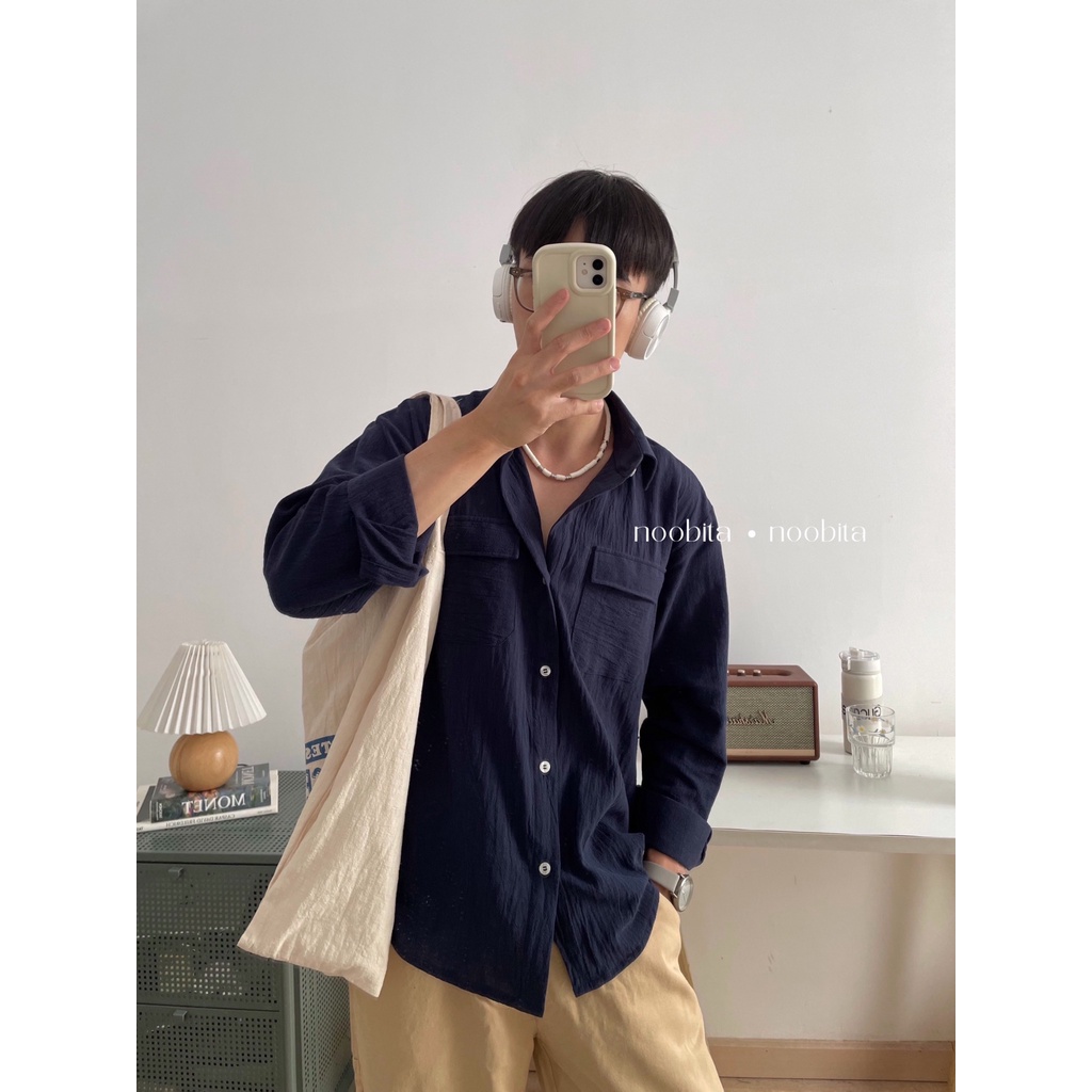 NOOBITA - Sơ mi tay dài mùa hè 2 túi nắp vải cotton thoáng mát 8006