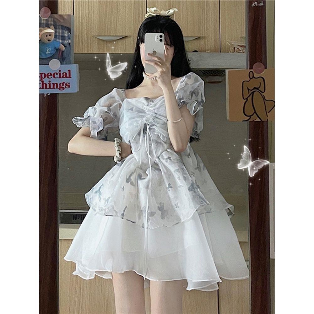 Đầm Lưới Nhuộm Màu Tay Ngắn Phối Nơ Nhỏ Xinh Thời Trang Mùa Hè Hàng Mới Dành Cho Bạn Nữ