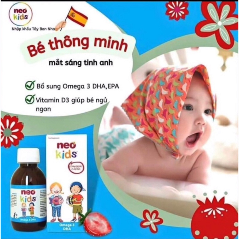 DHA Neo kids omega 3 DHA cho trẻ sơ sinh, Vitamin D3, A, E giúp phát triển trí não tăng cường thị lực Hộp 150ml