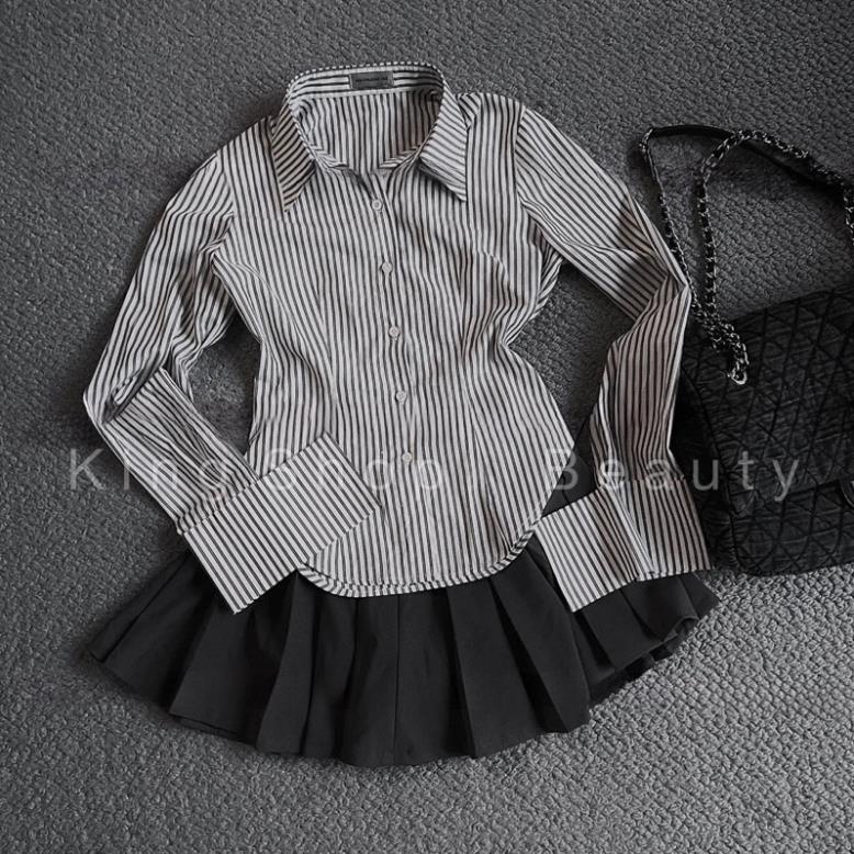 Set Sơ Mi Kẻ Mix Váy Xếp Ly MPB