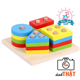 Đồ chơi gỗ cho bé 1 tuổi - Thả hình khối luồn cọc bản đẹp - Đế vuông giúp bé làm quen với hình khối, màu sắc, tập trung