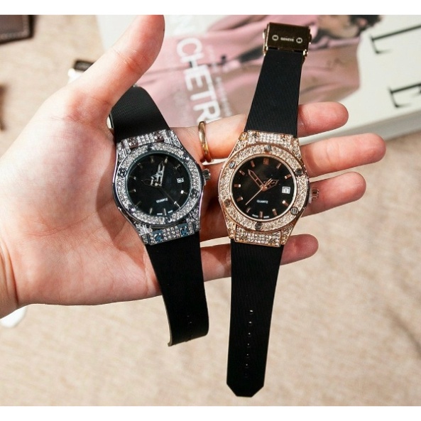 Đồng hồ nữ HBL mặt tròn đính viền đá dây cao su thơm vani cao cấp DHN601