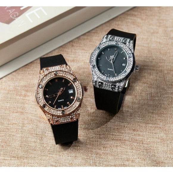 Đồng hồ nữ HBL mặt tròn đính viền đá dây cao su thơm vani cao cấp DHN601