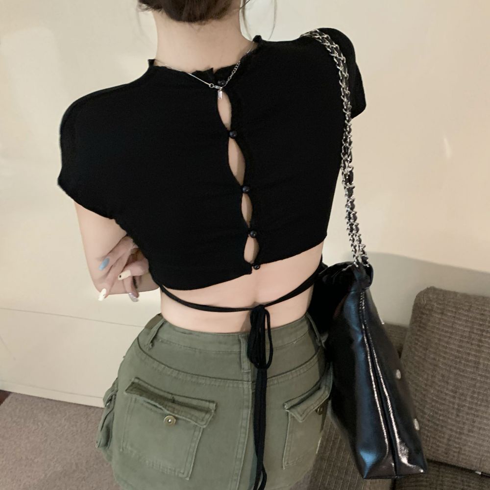 Jiashucheng Áo Thun Crop Top Tay Ngắn Cắt Hở Eo Gợi Cảm Mùa Hè Có Dây Buộc Dành Cho Bạn Nữ